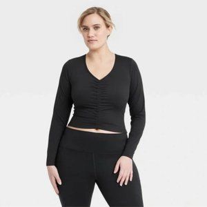 NEW Women's Black 1X Flex Shirred Cropped Long Sleeve Shirt Target All In Motion